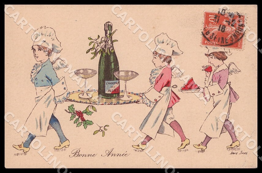 Artist Sager Cupid Children New Year Noyer Série 5 SMALL CREASE postcard CT0522 – fronte