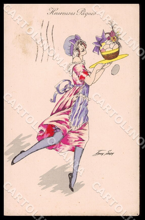Artist Sager X. Art Deco Fashion Lady Easter Noyer 57 ABRADED postcard CT0525 – fronte