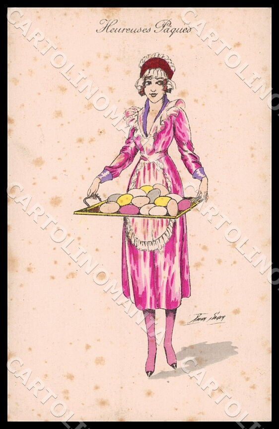 Artist Sager X. Art Deco Fashion Girl Easter Eggs Noyer 67 postcard CT0526 – fronte