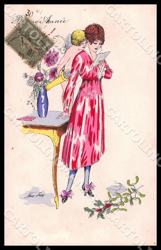 Artist Sager X. Art Deco Fashion Lady New Year Cupid Noyer 64 postcard CT0528 – fronte