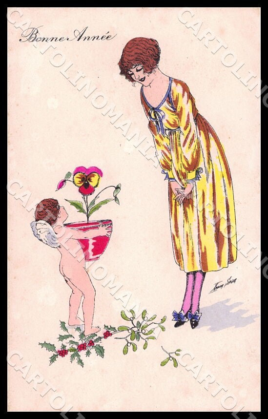 Artist Sager X. Art Deco Fashion Lady New Year Cupid Noyer 64 postcard CT0529 – fronte