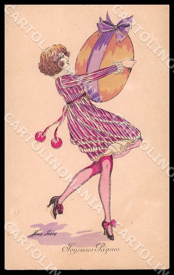 Artist Sager X. Fashion Glamour Lady Easter Egg Noyer 91 CREASE postcard CT0531 – fronte
