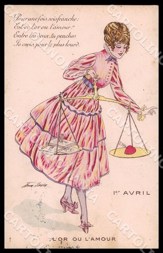 Artist Sager X. Fashion Art Deco Lady April Fools' Day ABRADED postcard CT0532 – fronte
