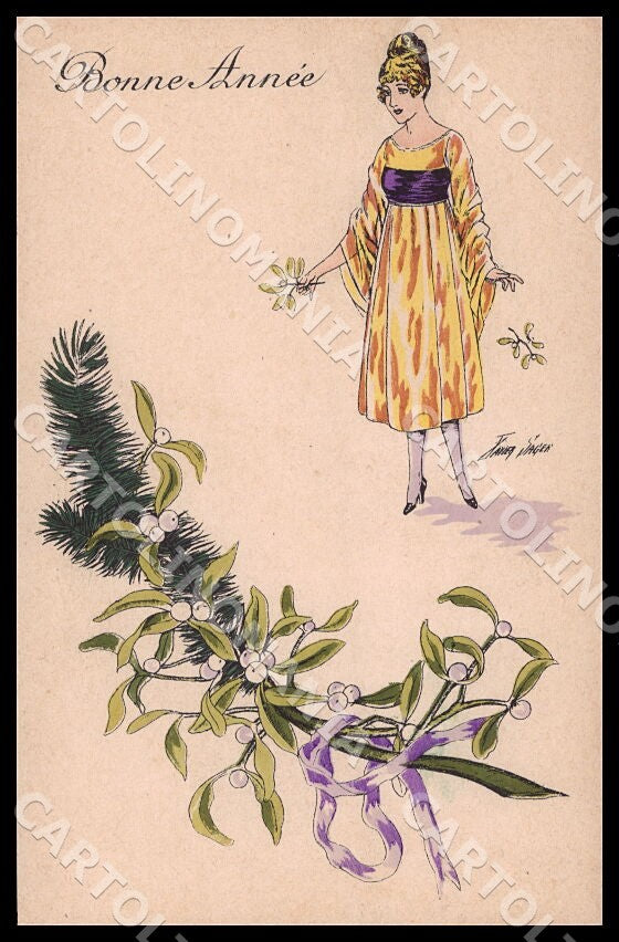 Artist Sager X. Fashion Mistletoe Lady New Year Noyer 22 postcard CT0536 – fronte