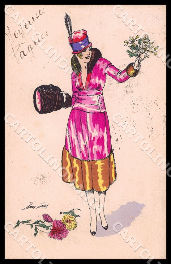 Artist Sager X. Fashion Art Deco Lady New Year Noyer 65 postcard CT0538 – fronte