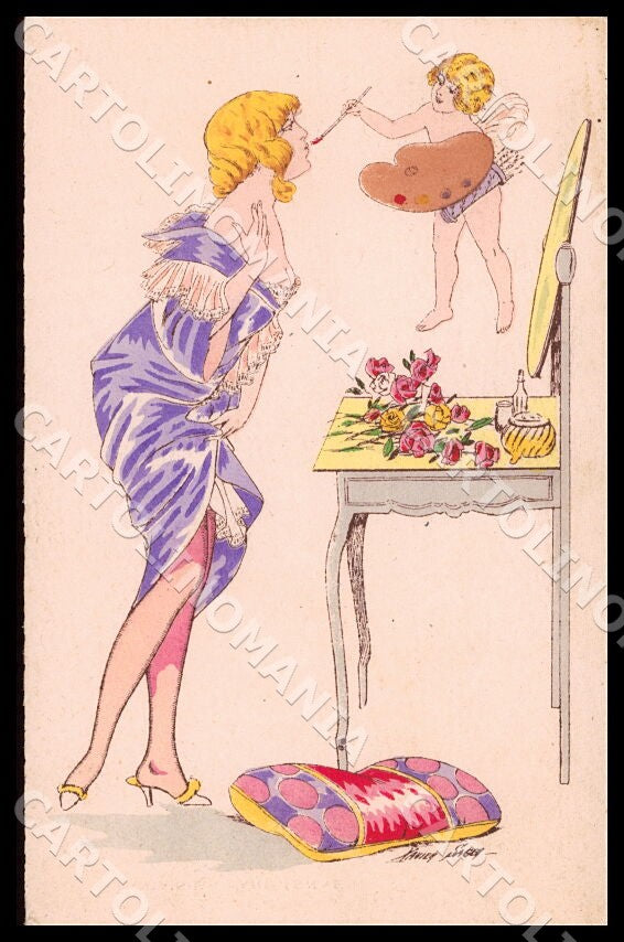 Artist Sager X. Cupid Make-up Risque Lady Noyer Serie No 32 postcard CT0540 – fronte