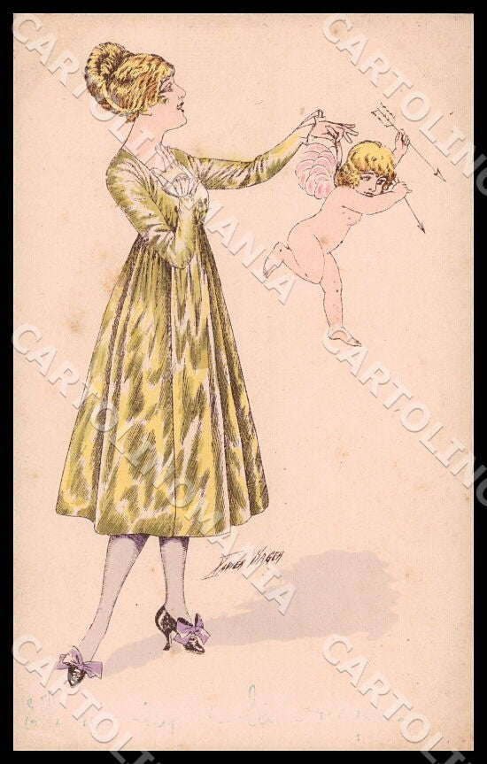 Artist Sager X. Fashion Cupid Lady SMALL CREASES ABRADED postcard CT0541 – fronte