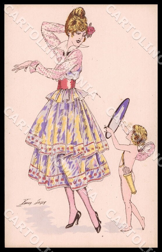 Artist Sager X. Cupid Mirror Fashion Glamour Lady Noyer Série 18 postcard CT0542 – fronte