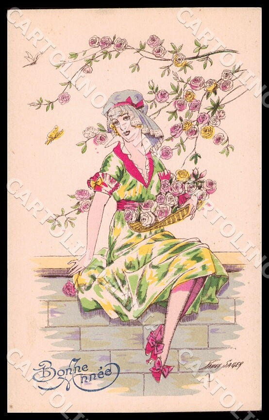 Artist Sager X. Fashion Art Glamour Lady New Year Noyer 25 postcard CT0544 – fronte