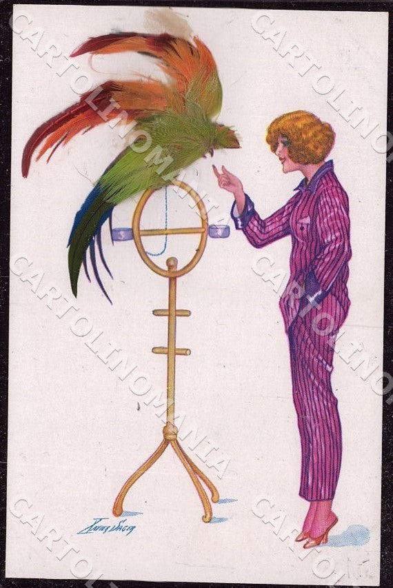 Artist Sager X. Art Deco Fashion Lady Parrot Plume Noyer 102 postcard CT0545 – fronte
