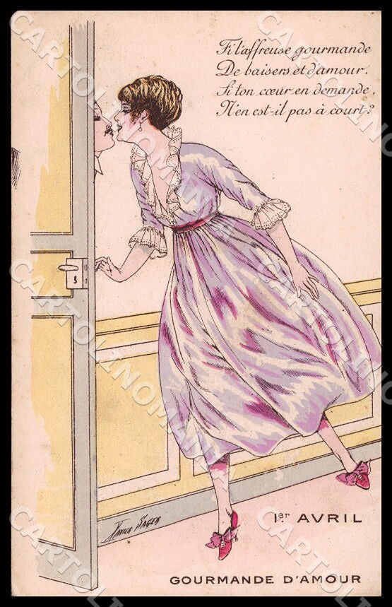 Artist Sager X. Art Deco Fashion Couple April Fools' Day ABRADED postcard CT0547 – fronte