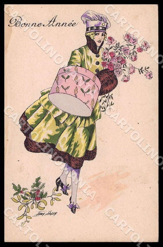 Artist Sager X. Art Deco Fashion Lady New Year Noyer 20 postcard CT0549 – fronte