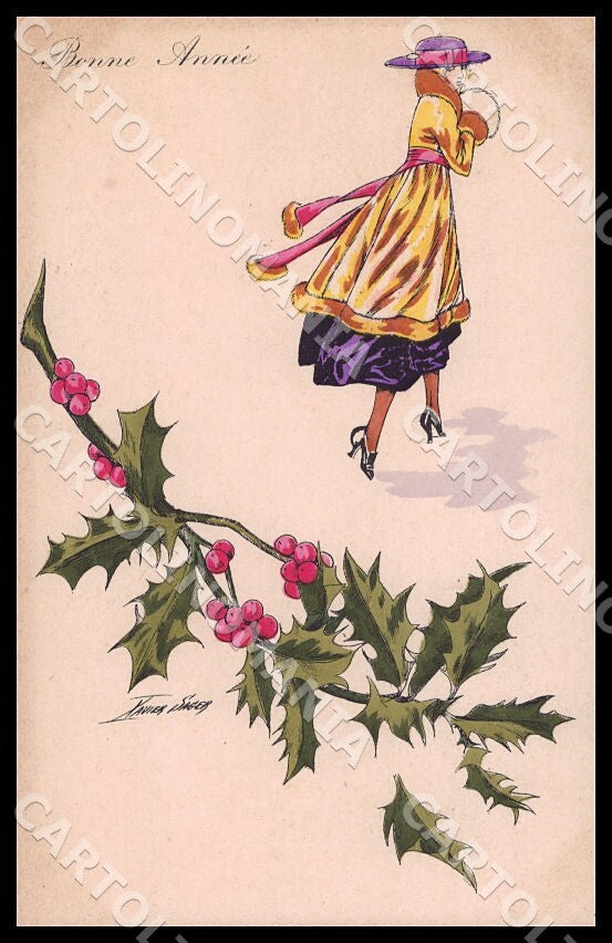 Artist Sager X. Art Deco Fashion Lady New Year Noyer 93 postcard CT0550 – fronte