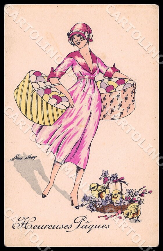 Artist Sager X. Art Fashion Lady Easter Eggs Chiks Noyer CREASE postcard CT0552 – fronte