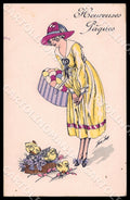 Artist Sager Fashion Lady Easter Eggs Chicks Noyer 39 CREASED postcard CT0553 – fronte