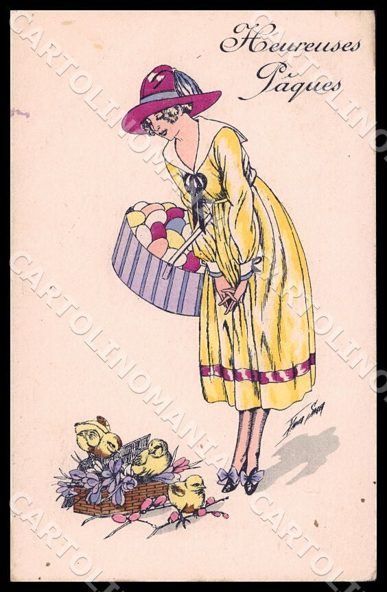 Artist Sager Fashion Lady Easter Eggs Chicks Noyer 39 CREASED postcard CT0553 – fronte
