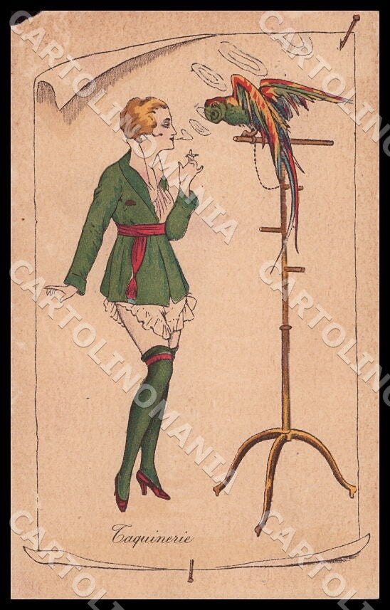 Artist Sager X. Smoking Risque Lady Parrot Noyer CREASE TEARED postcard CT0554 – fronte