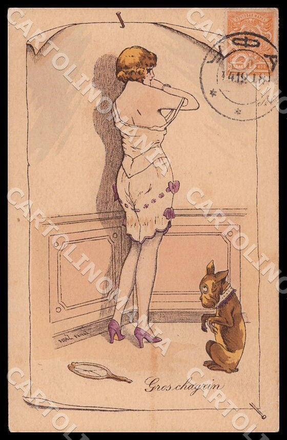 Artist Sager French Bulldog Risque Lady Noyer 94 SMALL CREASES postcard CT0555 – fronte