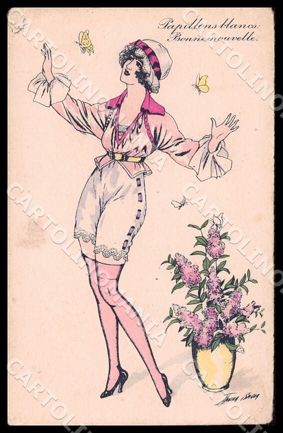 Artist Sager X. Art Deco Glamour Lady Butterfly Noyer ABRADED postcard CT0557 – fronte