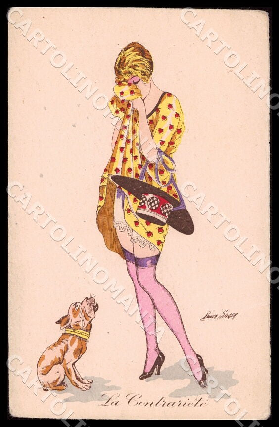 Artist Sager Risque Lady French Bulldog Noyer 33 SMALL CREASES postcard CT0558 – fronte