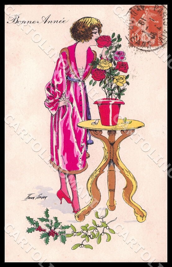 Artist Sager X. Art Deco Fashion Lady New Year Noyer 63 postcard CT0560 – fronte