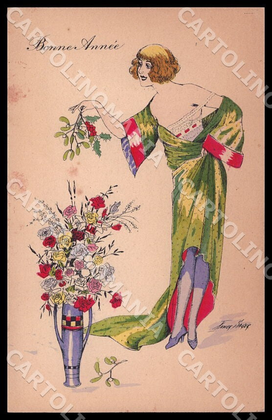 Artist Sager X. Art Deco Risque Fashion Lady New Year Noyer 63 postcard CT0561 – fronte