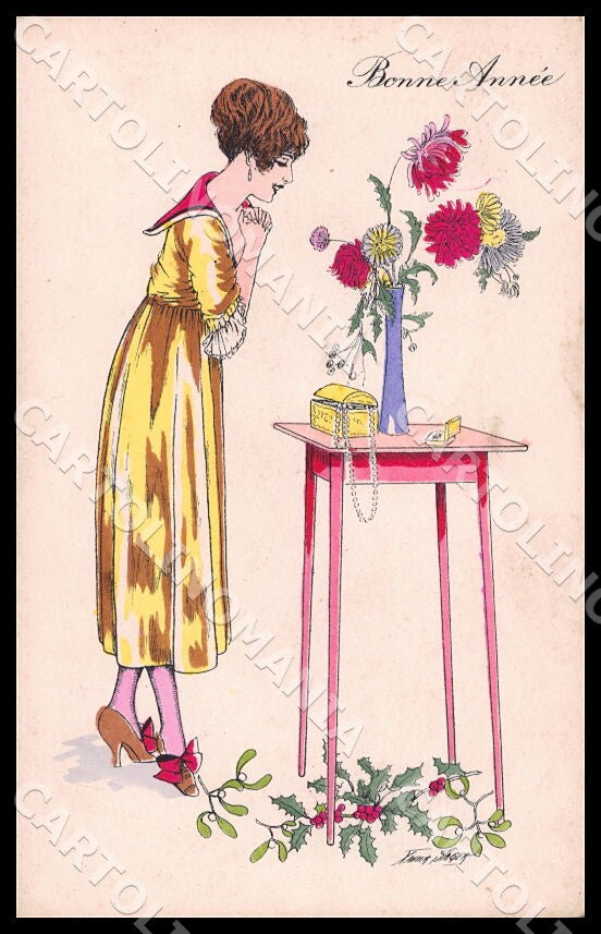 Artist Sager X. Art Deco Fashion Lady New Year Noyer 63 postcard CT0562 – fronte