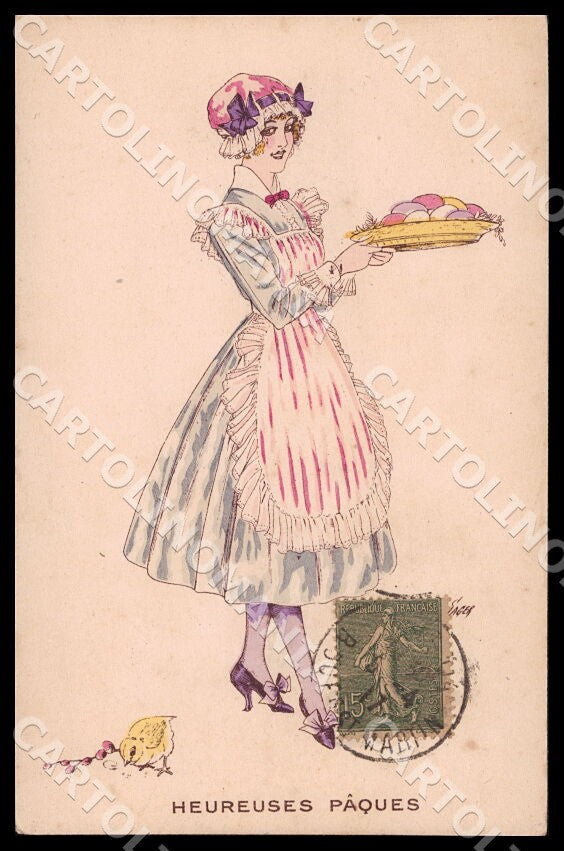 Artist Sager Fashion Lady Easter Eggs Chicks Noyer ABRADED BACK postcard CT0567 – fronte