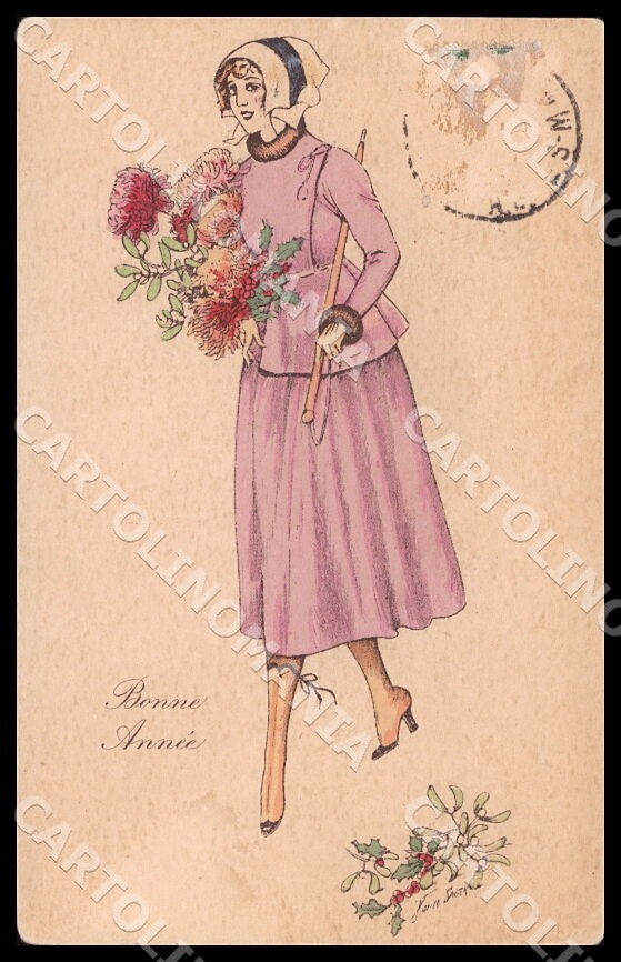 Artist Sager X. Fashion Glamour Lady New Year SMALL CREASES postcard CT0569 – fronte