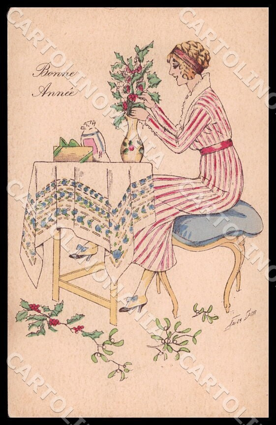 Artist Sager X. Fashion Art Deco Lady New Year Noyer CREASE postcard CT0570 – fronte
