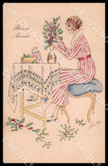 Artist Sager X. Fashion Art Deco Lady New Year Noyer CREASE postcard CT0570 – fronte