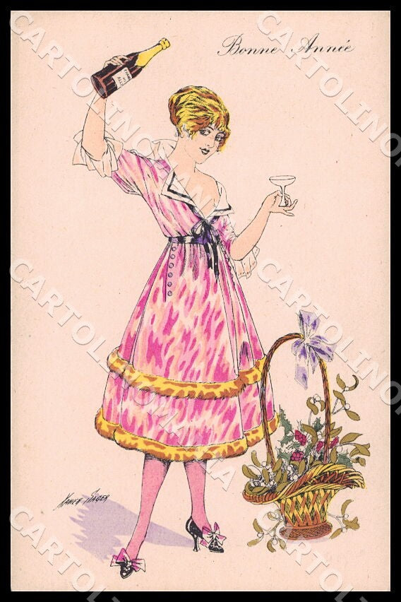 Artist Sager X. Art Deco Fashion Toasting Lady New Year Noyer 21 postcard CT0573 – fronte