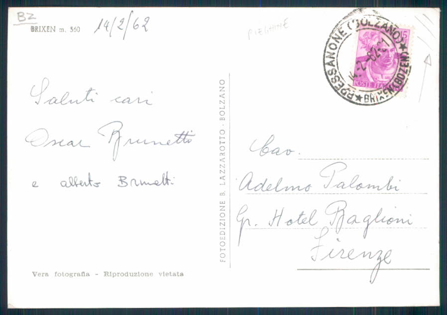 Bolzano Bressanone PIEGHINE Foto FG cartolina EE3817 – retro