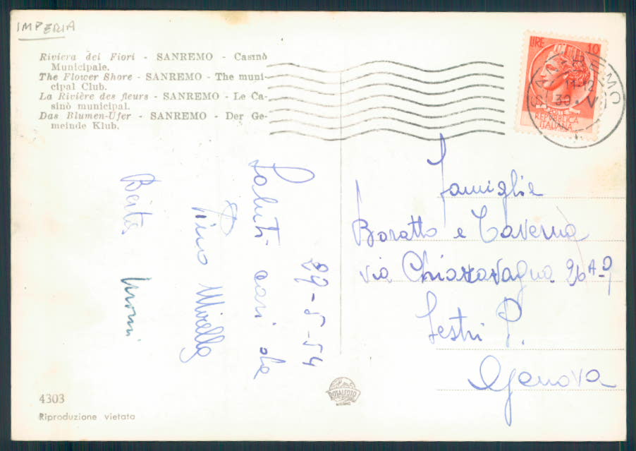 Imperia San Remo Foto FG cartolina EE4068 – retro