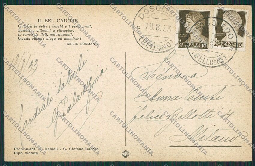 Belluno Dosoledo Cadore cartolina EE5052 – retro