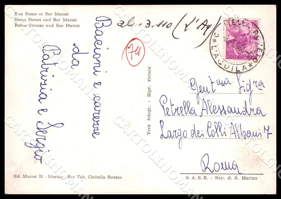 L'Aquila Civitella Roveto Via Roma Bar Mattei Auto FG Foto cartolina GM0186 – retro