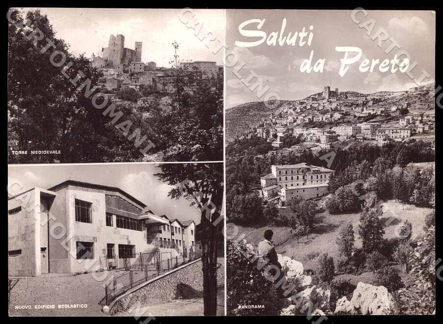 L'Aquila Pereto Saluti da Torre medioevale Scuole PIEGHE FG Foto cartolina GM045 – fronte