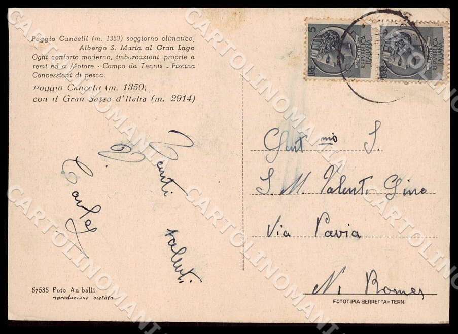 L'Aquila Poggio Cancelli Albergo Santa Maria Gran Lago FG cartolina GM0476 – retro