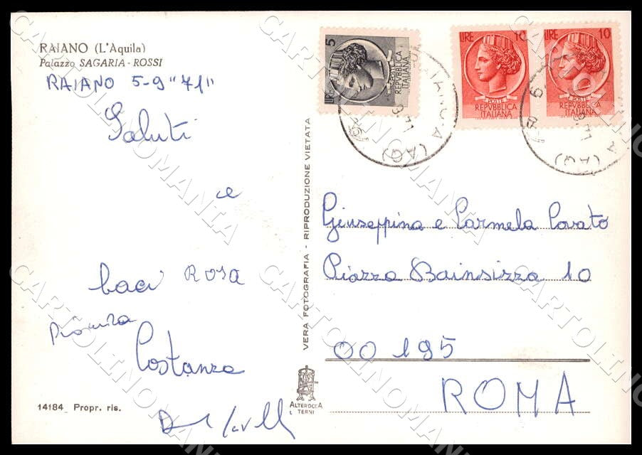 L'Aquila Raiano Palazzo Sagaria Rossi Alterocca FG Foto cartolina GM0549 – retro