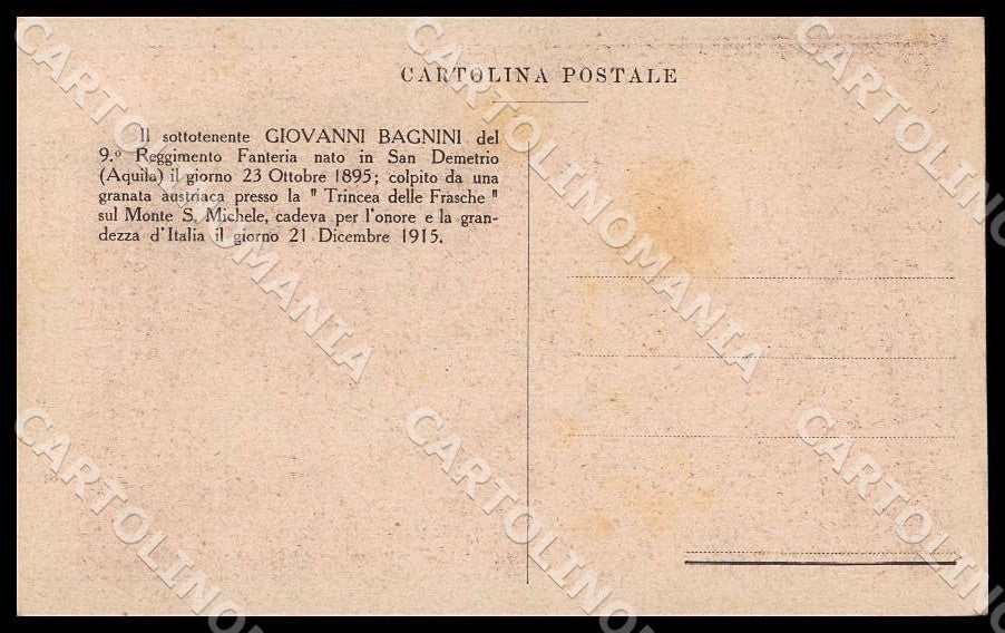 L'Aquila San Demetrio Sottotenente Giovanni Bagnini Militari cartolina GM0575 – retro