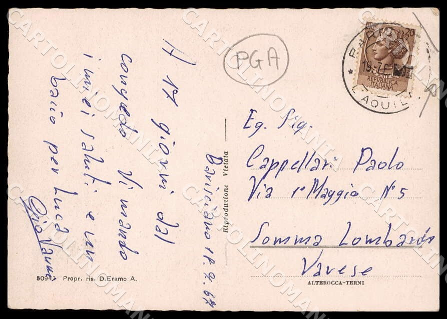 L'Aquila Barisciano Piazza Trieste Poste Alterocca PIEGHINA FG cartolina GM0600 – retro