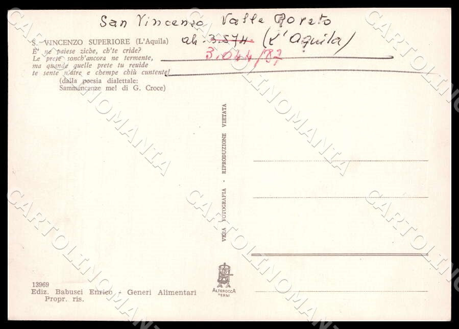 L'Aquila San Vincenzo Valle Roveto Superiore Alterocca FG Foto cartolina GM0604 – retro