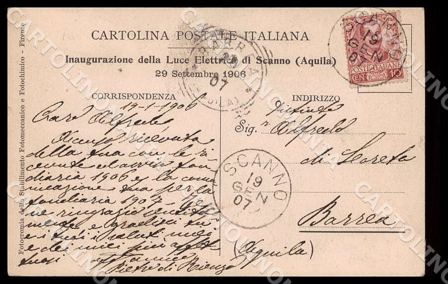L'Aquila Scanno Inaugurazione Luce Elettrica 1906 Art Nouveau cartolina GM0664 – retro