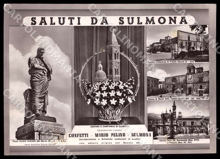 L'Aquila Sulmona Saluti da Poeta Ovidio Nasone Confetti FG Foto cartolina GM0728 – fronte