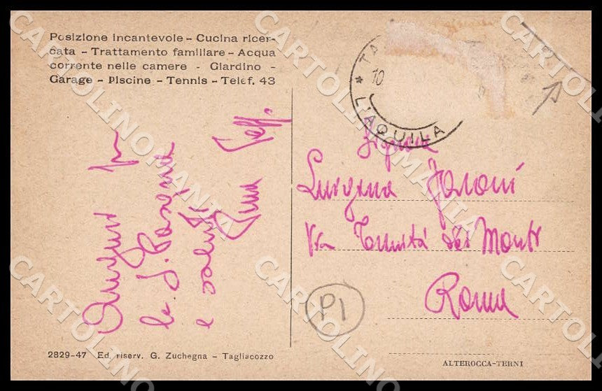 L'Aquila Tagliacozzo Albergo Ristorante Marina Alterocca PIEGA cartolina GM0758 – retro