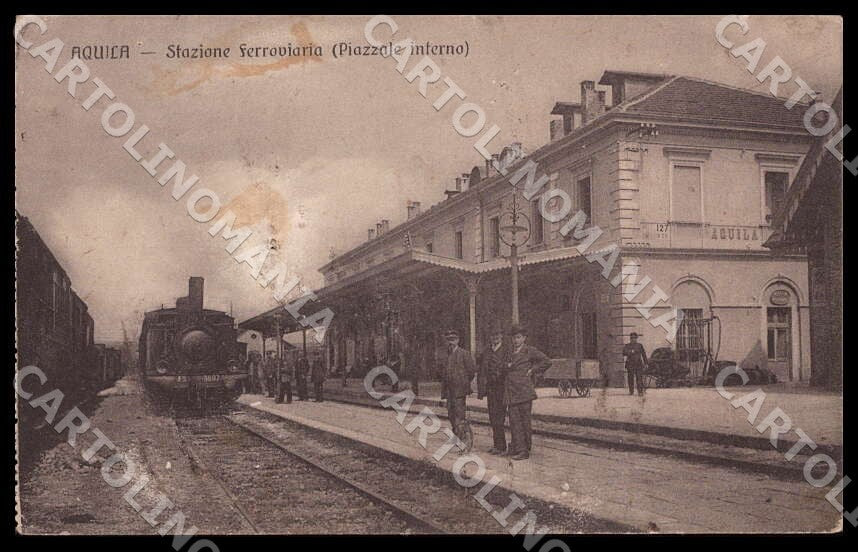 L'Aquila Città Stazione Ferroviaria Treno ABRASA FORO MACCHIE cartolina GM0837 – fronte