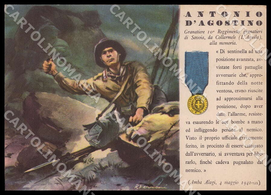 L'Aquila Collarmele D'Agostino Granatiere Medaglie d'Oro 102 FG cartolina GM0851 – fronte