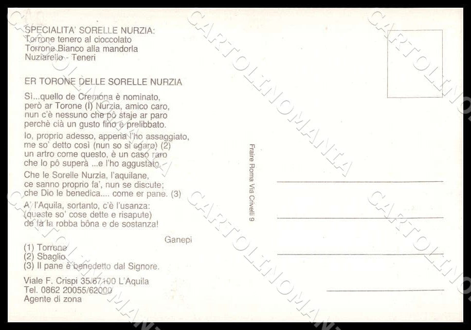 L'Aquila Città Sorelle Nurzia Casa fondata 1835 Torrone FG cartolina GM0853 – retro