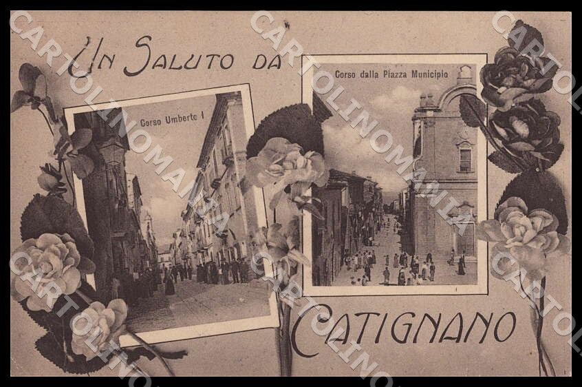 Pescara Catignano Saluto da Corso Umberto I PIEGHINE STRAPPINI cartolina GM0950 – fronte