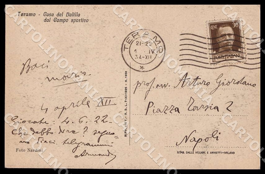 Teramo Città Casa Balilla Campo sportivo Stadio cartolina GM1005 – retro